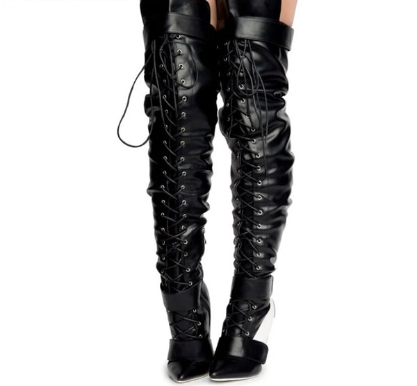 Women Fashion Faux Leather Lace Up Over The Knee Boots