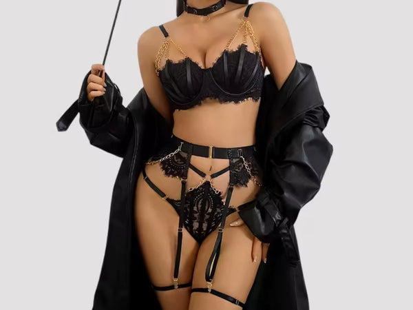 Women Sexy Black Chain Choker Lace Lingerie Set