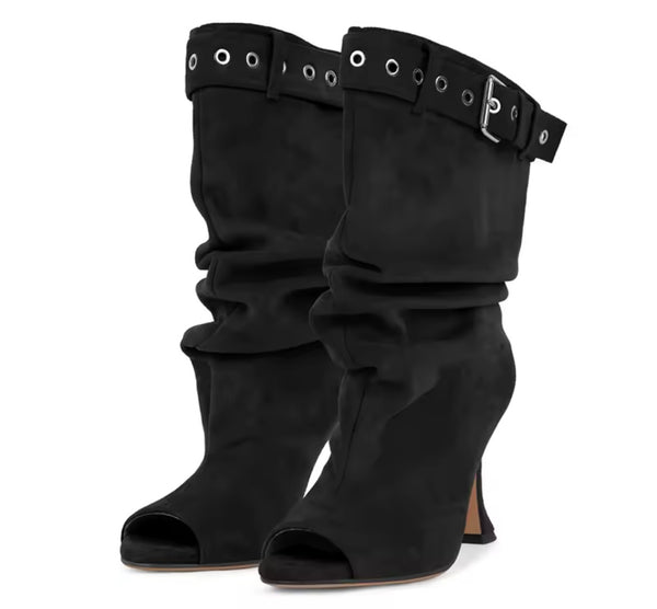 Women Color Open Toe Suede Buckle Ruched High Heel Boots