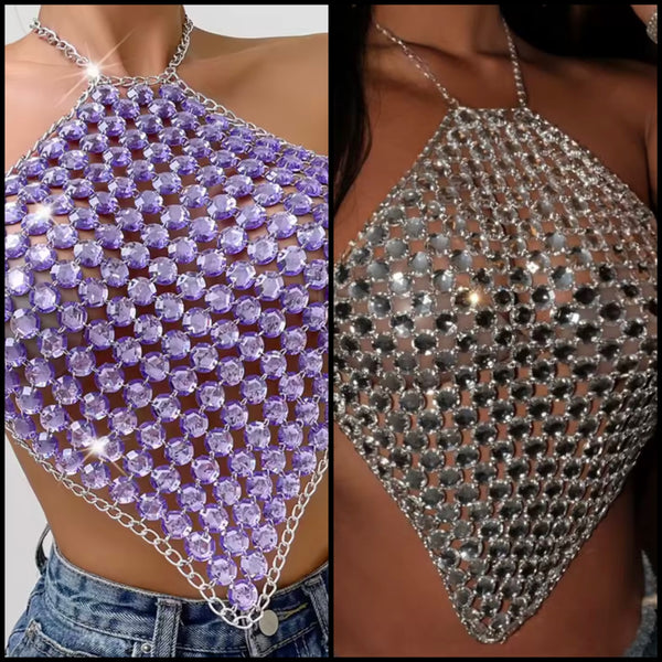 Women Sexy Halter Chain Sleeveless Crystal Crop Top