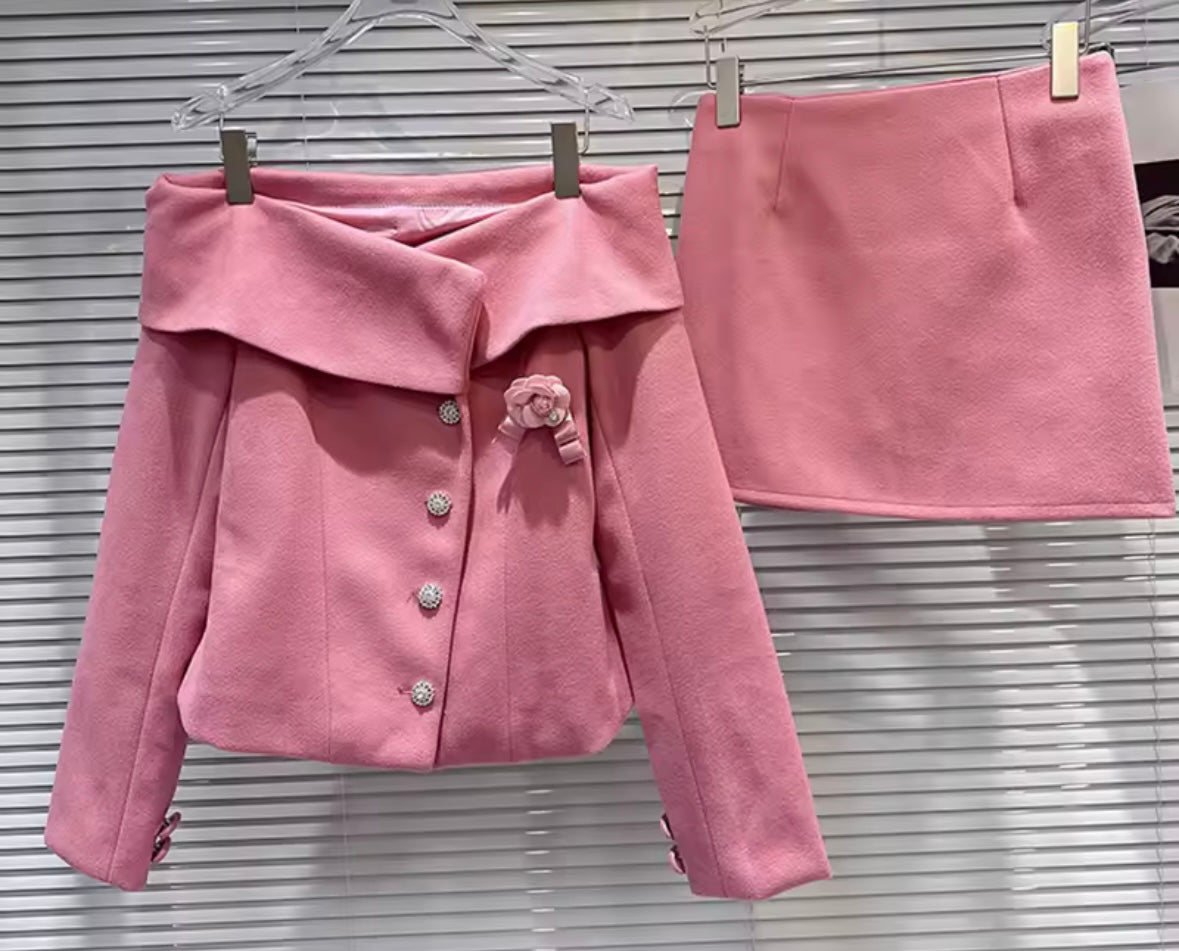 Women Off The Shoulder Button Up Blazer Two Piece Skirt Set