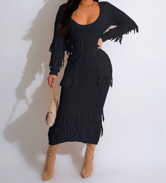 Women Sexy Fringe Full Sleeve Knitted Maxi Dress