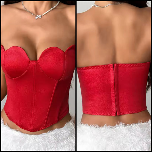 Women Sexy Red Heart Strapless Satin Corset Top