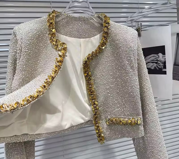 Women Gold Sequins Patchwork Tweed Three Piece Short Set