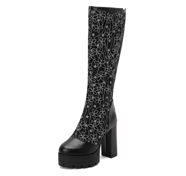 Women Fashion Color Floral Mesh Platform Knee High Boots