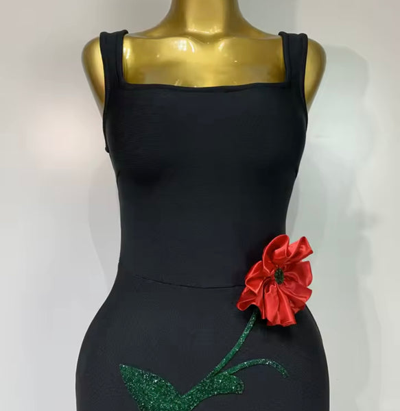 Women Sexy Black Sleeveless 3D Floral Maxi Dress