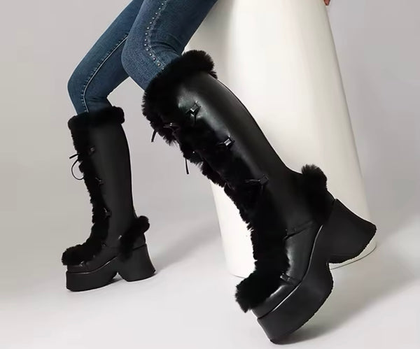 Women Fashion Faux Leather Fur Patchwork Platform Knee High Boots