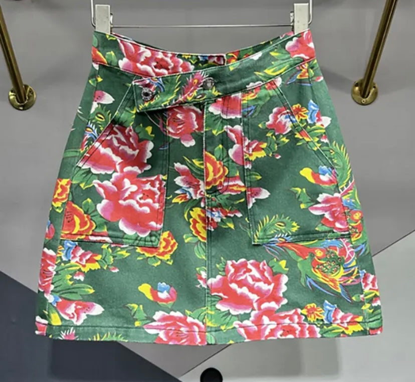 Women Sexy Fashion Green/Orange Floral Denim Short Skirt