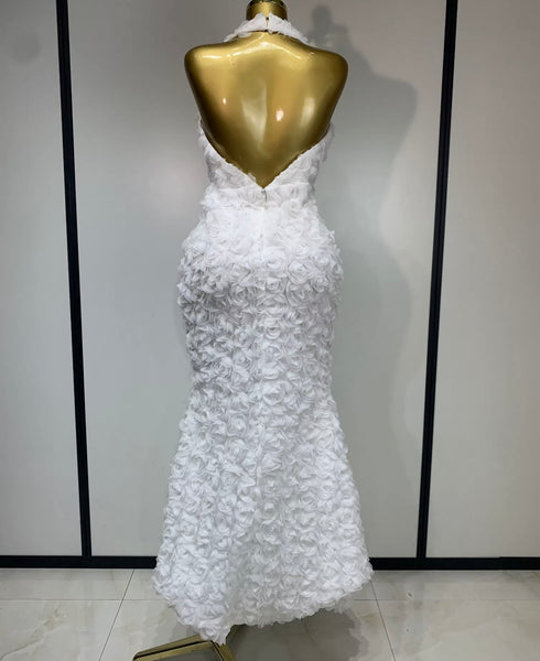 Women White Sexy Halter Open Back Sleeveless Floral Maxi Dress