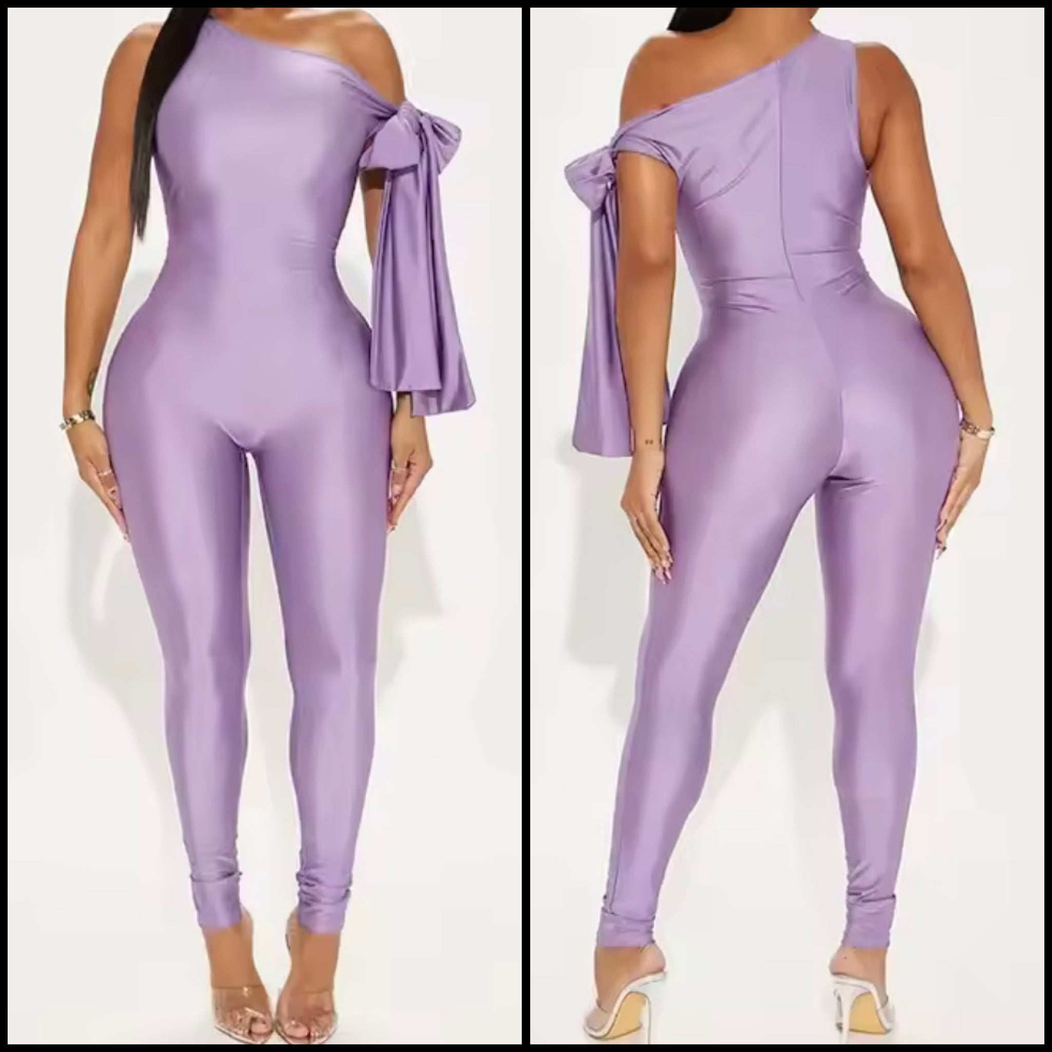Women Sexy Purple Slant Shoulder Bow Jumpsuit