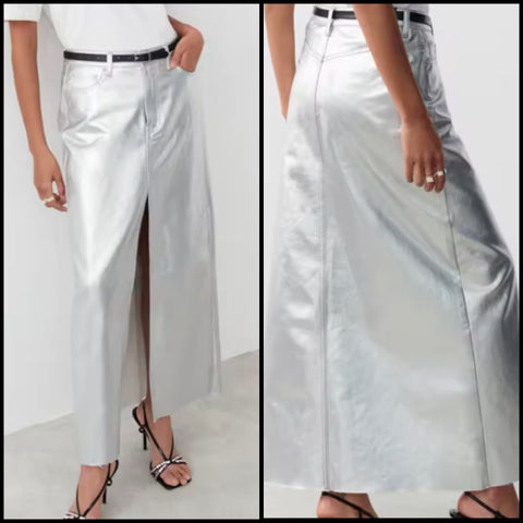 Women Silver Front Split Fashion Faux Leather Maxi Skirt
