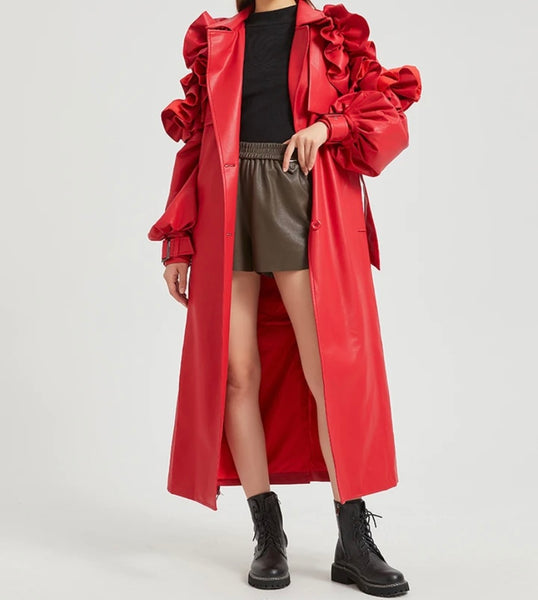 Women Color Ruffled Fashion Faux Leather Trench Jacket
