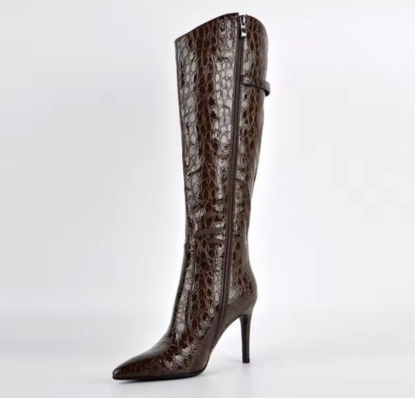 Women Pointed Toe Zip Up High Heel Knee Length Boots