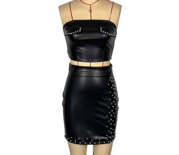 Women Sexy Strapless Rivet PU Two Piece Skirt Set