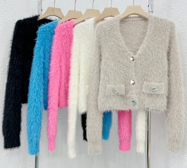 Women Color Button Up Furry Fashion Sweater Top