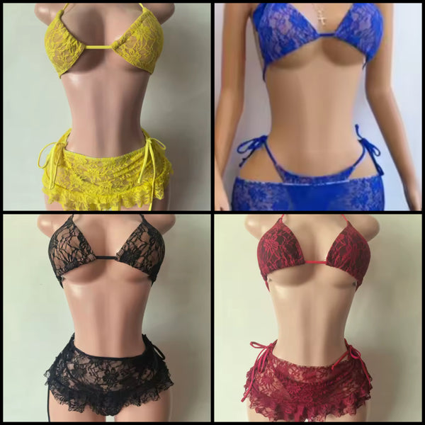 Women Sexy Tie Up Lace Bikini Cover Up Set