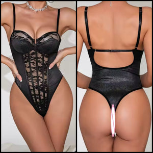 Women Sexy Sleeveless Black Floral Lace Patchwork Bodysuit Lingerie