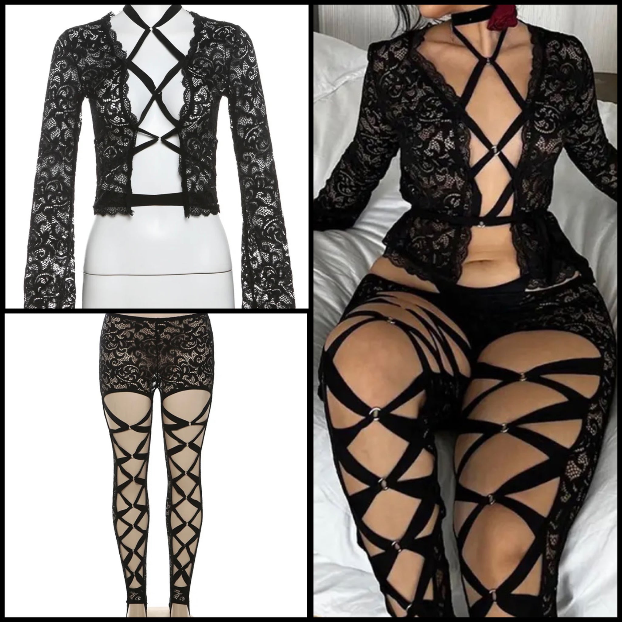 Women Black Sexy Full Sleeve Lace Up Lace Two Piece Pant Set