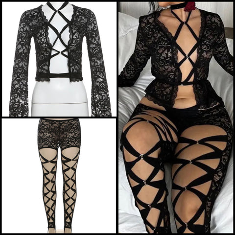 Women Black Sexy Full Sleeve Lace Up Lace Two Piece Pant Set