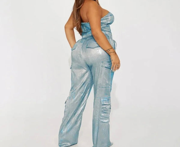 Women Metallic Denim Corset Fashion Two Piece Pant Set