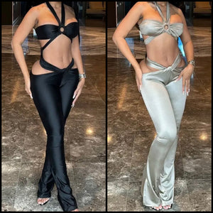 Women Sexy Halter Sleeveless Crop Two Piece Pant Set