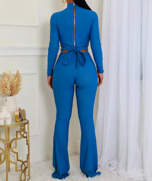 Women Fashion Solid Color Full Sleeve Tie Up Crop Two Piece Pant Set