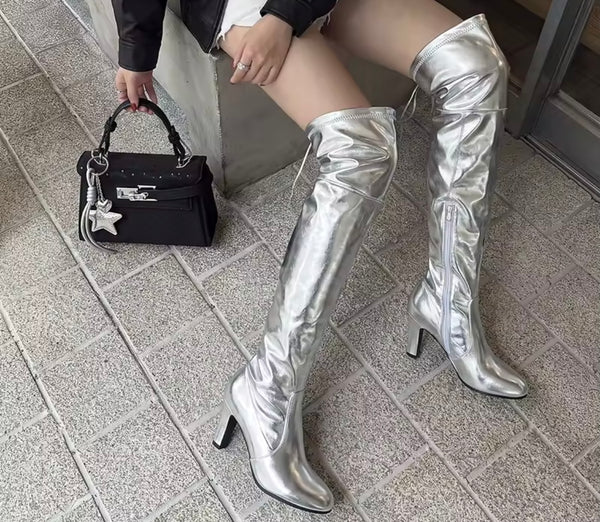 Women Metallic Drawstring Fashion Over The Knee Boots