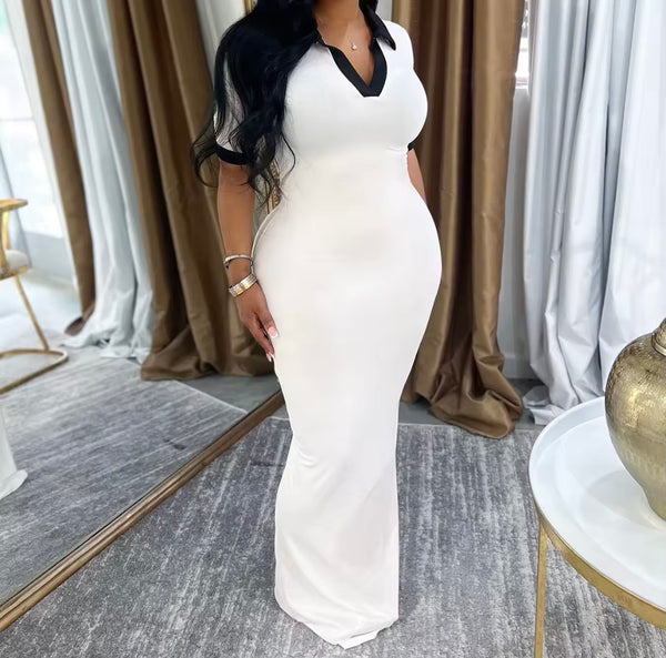 Women Color Patchwork Collar Short Sleeve Sexy Maxi Dress