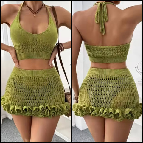 Women Sexy Halter Sleeveless Green Ruffle Knitted Two Piece Skirt Set