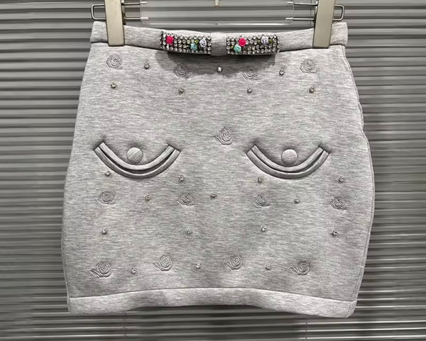 Women Fashion Rhinestone Button Up Two Piece Skirt Set