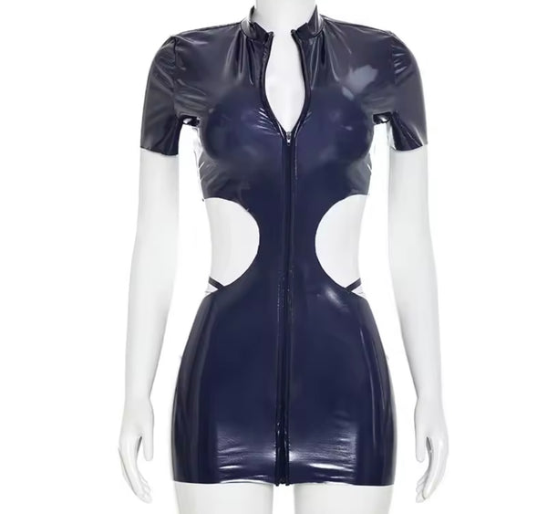 Women Blue Sexy Zip Up Cut Out PU Short Sleeve Dress