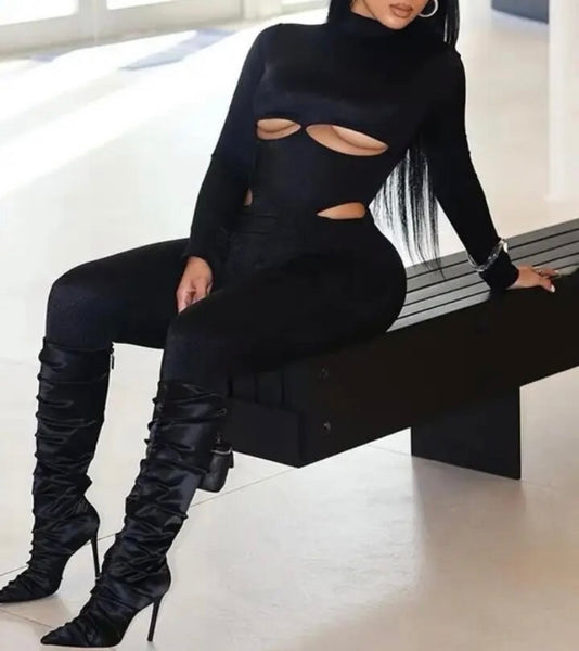 Women Black Full Sleeve Cut Out Sexy Fashion Jumpsuit