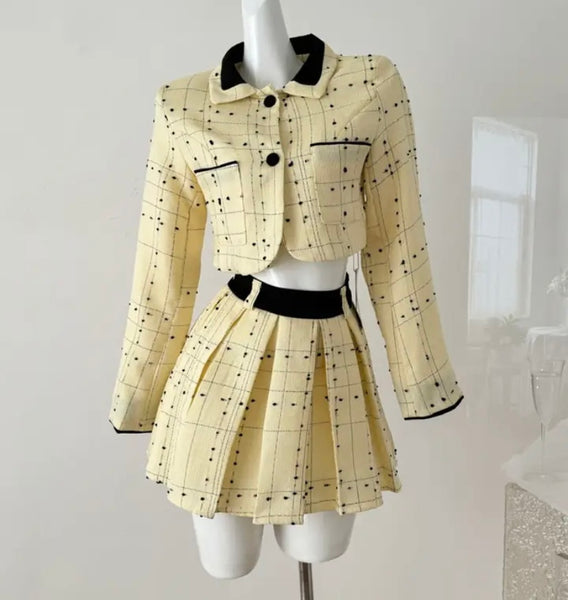 Women Button Up Full Sleeve Two Piece Pleated Skirt Set