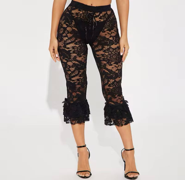 Women Sexy Fashion Color Ruffled Lace Pants