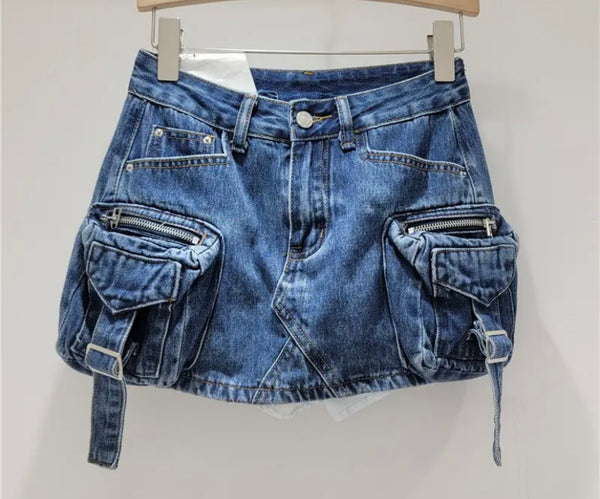 Women Fashion Cargo Buckled Denim Skirt