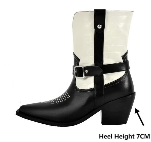 Women Fashion Color Patchwork Faux Leather Buckled Western Ankle Boots