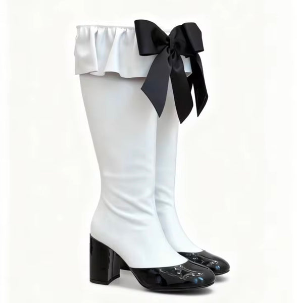Women Fashion Ruffled Bow Faux Leather Knee High Boots