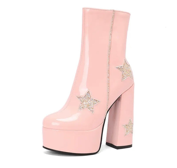 Women Fashion Star Patent Leather Platform High Heel Ankle Boots