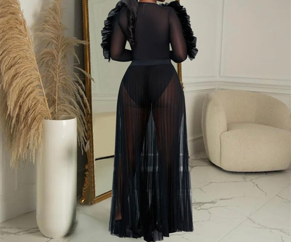 Women Sexy Full Sleeve Ruffled Mesh Maxi Dress