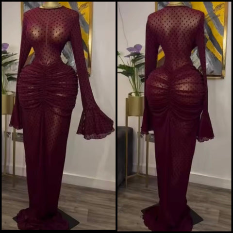 Women Sexy See Through Full Sleeve Burgundy Maxi Dress