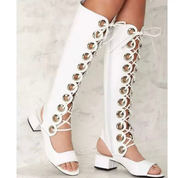 Women White Open Toe Metal Hollow Out Lace Up Knee High Sandals