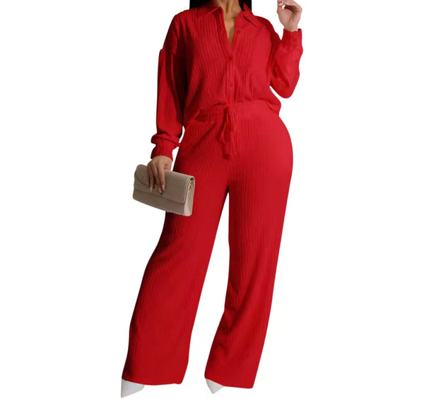 Women Button Up Full Sleeve Ribbed Two Piece Pant Set