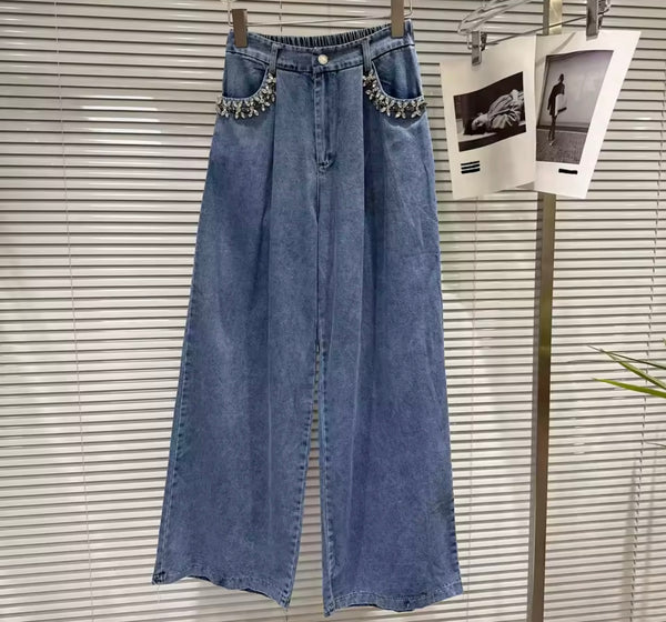 Women Strapless Rhinestone Embellishment Denim Two Piece Pant Set