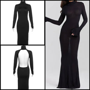 Women Black Sexy Turtleneck Open Back Full Sleeve Maxi Dress