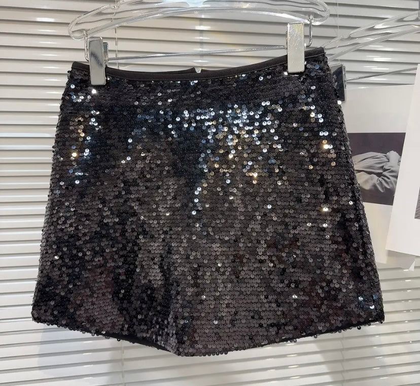 Women Sexy Solid Color Sequins Short Skirt