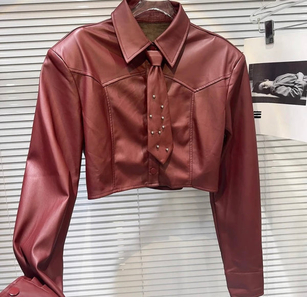 Women Fashion Bling Tie Full Sleeve Faux Leather Crop Top