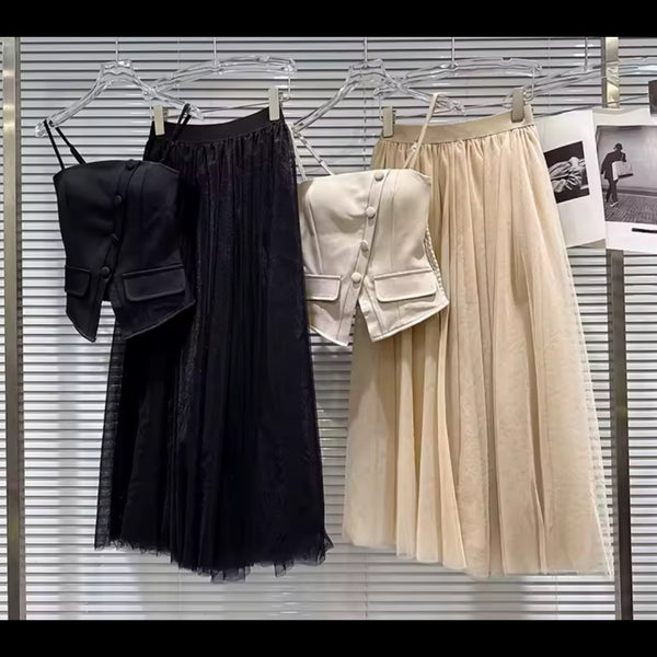 Women Button Up Sleeveless Crop Two Piece Maxi Skirt Set