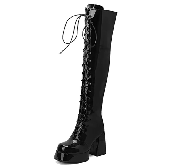 Women Fashion Patent Leather Lace Up Knee High Boots