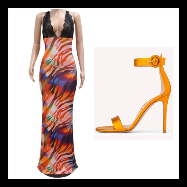 Women Sexy Sleeveless Lace Patchwork Printed Maxi Dress