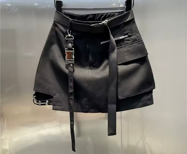 Women Black Pocket Zipper Fashion Buckled Skirt